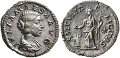 Roman Imperial Julia Maesa, Augusta, 218-224/5. Denarius (Silver, 19 mm, 2.59 g, 7 h), Rome, 221-222. IVLIA MAESA AVG Draped bust of Julia Maesa to right. Rev. SAECVLI FELICITAS Felicitas standing fro
