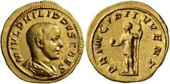 Roman Imperial Philip II, as Caesar, 244-247. Aureus (Gold, 20 mm, 4.22 g, 7 h), Rome, 246-247. M IVL PHILIPPVS CAES Bare-headed and draped bust of Philip II to right, seen from behind. Rev. PRINCIPI 