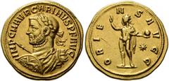 Roman Imperial Carinus, 283-285. Aureus (Gold, 20 mm, 5.87 g, 7 h), Siscia, 283. IMP C M AVR CARINVS P F AVG Laureate, draped and cuirassed bust of Carinus to left, seen from behind, holding spear in 