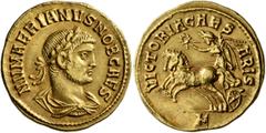 Roman Imperial Numerian, as Caesar, 282-283. Aureus (Gold, 20 mm, 4.57 g, 7 h), Cyzicus, 283. NVMAERIANVS (sic!) NOB CAES Laureate, draped and cuirassed bust of Numerian to right, seen from behind. Re