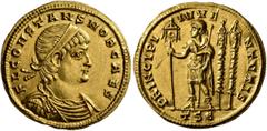 Roman Imperial Constans, as Caesar, 333-337. Solidus (Gold, 22 mm, 4.57 g, 5 h), Thessalonica, 335. FL CONSTANS NOB CAES Diademed, draped and cuirassed bust of Constans to right. Rev. PRINCIPI - IVVE-