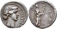 Civil War 68-69 AD Forces of Galba in Spain. Anonymous, 3 April-2nd half of June 68. Denarius (Silver, 18 mm, 3.27 g, 7 h), uncertain mint in Spain. Group X. BON•EVENT Diademed head of Bonus Eventus t