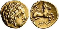 Celtic CELTIC, Central Gaul. Bituriges Cubi or Lemovices. 2nd century BC. 1/4 Stater (Gold, 14 mm, 1.94 g, 2 h), 'au signe en forme de joug' type. Laureate head of Apollo to right. Rev. Celticized cha