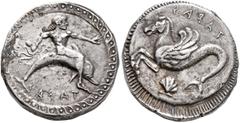 Greek CALABRIA. Tarentum. Circa 500-490 BC. Didrachm or Nomos (Silver, 20 mm, 7.67 g, 12 h). Σ AЯAT Youthful oikist, nude and with long hair, riding dolphin to right, holding octopus in his right hand