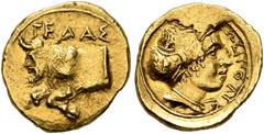 Greek SICILY. Gela. Circa 406-405 BC. 1 1/3 Litra or Tetradrachm (Gold, 11 mm, 1.17 g, 3 h). ΓEΛAΣ Forepart of the river-god Gelas, in the form of a man-headed bull, to left. Rev. ΣΩΣIΠΟΛIΣ Head of So