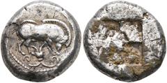 Greek MACEDON. Stagira. Circa 525-500 BC. Stater (Silver, 19 mm, 8.73 g), Attic-Euboic standard. Boar standing right, head lowered; below, akanthos flower. Rev. Quadripartite incuse square. Cahn, Stag