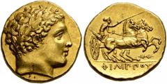 Greek KINGS OF MACEDON. Philip II, 359-336 BC. Stater (Gold, 18 mm, 8.65 g, 10 h), Pella, struck under Philip II or Alexander III, circa 340/36-328. Laureate head of Apollo to right. Rev. ΦΙΛΙΠΠOY Cha