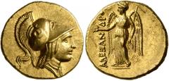 Greek KINGS OF MACEDON. Alexander III ‘the Great’, 336-323 BC. Stater (Gold, 19 mm, 8.61 g, 12 h), Arados or Tarsos (?), circa 325/4-324/3. Head of Athena to right, wearing crested Corinthian helmet d