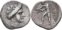 Greek CRETE. Kydonia. Circa 320-270 BC. Stater (Silver, 25 mm, 11.51 g, 11 h), signed by Neuantos. NEYANTOΣ / [EΠOEI] Head of a nymph to right, her hair tied up and bound with a vine wreath, wearing s