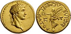 Greek KINGS OF BOSPOROS. Mithradates III, AD 39/40-44/5. Stater (Gold, 19 mm, 7.92 g, 12 h), BE 336 = 39/40. Laureate head of Gaius (Caligula) to right. Rev. •BACIΛEΩC MIΘPIΔATOY• / ς-ΛT Nike standing
