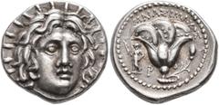 Greek ISLANDS OFF CARIA, Rhodos. Rhodes. Circa 250-229 BC. Didrachm (Silver, 19 mm, 6.74 g, 12 h), Mnasimachos, magistrate. Radiate head of Helios facing slightly to right. Rev. ΜΝΑΣΙΜΑΧΟΣ / P - O Ros