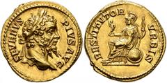 Roman Imperial Septimius Severus, 193-211. Aureus (Gold, 20 mm, 7.09 g, 6 h), Rome, 206-early 208. SEVERVS PIVS AVG Laureate head of Septimius Severus to right. Rev. RESTITVTOR VRBIS Roma seated left 