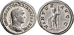Roman Imperial Gordian II, 238. Denarius (Silver, 20 mm, 3.26 g, 12 h), Rome, March-April 238. IMP M ANT GORDIANVS AFR AVG Laureate, draped and cuirassed bust of Gordian II to right, seen from behind.