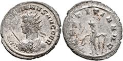 Roman Imperial Gallienus, 253-268. Antoninianus (Billon, 23 mm, 4.19 g, 5 h), Mediolanum, 263-264. IMP GALLIENVS AVG GER Radiate bust of Gallienus to left, seen from behind, holding spear in his right