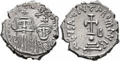 Byzantine Constans II, with Constantine IV, 641-668. Hexagram (Silver, 23 mm, 6.39 g, 6 h), Constantinopolis, 654-659. δ N CONSTANTINЧS C CONSTA' On the left, crowned and draped bust of Constans facin