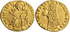 Byzantine Basil I the Macedonian, 867-886. Solidus (Gold, 20 mm, 4.36 g, 5 h), Constantinopolis, circa 868. +IhS XPS RЄX RЄςNANTIЧM✱ Christ, nimbate, seated facing on throne, wearing tunic and pallium