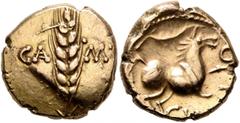 Celtic BRITAIN. Trinovantes & Catuvellauni. Cunobelin, circa 10-43. Stater (Gold, 16 mm, 5.52 g, 11 h), Camulodunum (Colchester). CA-MV Grain ear. Rev. CVNO Horse leaping right; above, branch. ABC 278