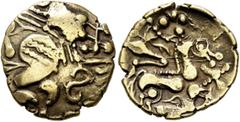 Celtic NORTHWEST GAUL. Aulerci Eburovices. 2nd to early 1st century BC. Half Stater (Gold, 19 mm, 3.16 g, 9 h). Celticized male head with Ƨ-shaped ear to left. Rev. Celticized horse galloping to right