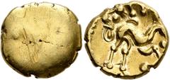 Celtic NORTHEAST GAUL. Ambiani. Circa 60-30 BC. Stater (Gold, 17 mm, 6.27 g), 'statére uniface' type. Irregular blank convex surface. Rev. Celticized horse galloping to right, horseman transformed int