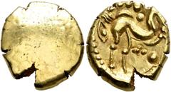 Celtic NORTHEAST GAUL. Ambiani. Circa 60-30 BC. Stater (Gold, 17 mm, 6.09 g), 'statére uniface' type. Irregular blank convex surface. Rev. Celticized horse galloping to right, horseman transformed int