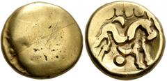 Celtic NORTHEAST GAUL. Ambiani. Circa 60-30 BC. Stater (Gold, 16 mm, 5.92 g), 'statére uniface' type. Irregular blank convex surface. Rev. Celticized horse galloping to right, horseman transformed int
