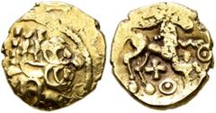 Celtic NORTHEAST GAUL. Ambiani. Circa 60-30 BC. 1/4 Stater (Gold, 12 mm, 1.41 g, 11 h), 'au petit serpent cornu' type. Devolved and disjointed laureate male head to right. Rev. Celticized horse to rig