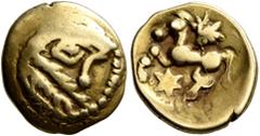 Celtic NORTHEAST GAUL. Bellovaci. Circa 60-30/25 BC. Quarter Stater (Gold, 12 mm, 1.44 g, 9 h). Devolved and disjointed male head to right, with prominent nose and big eye. Rev. Horse galloping left; 