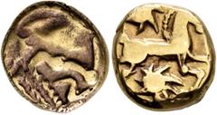 Celtic NORTHEAST GAUL. Bellovaci. Circa 60-30/25 BC. Stater (Gold, 15 mm, 5.77 g), 'à l'astre' type. Devolved and disjointed male head to right, with prominent nose, big eye and a star on the temple. 