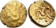 Celtic NORTHEAST GAUL. Suessiones. Late 2nd to mid 1st century BC. Stater (Gold, 16 mm, 6.23 g, 3 h), 'à l'oeil' type. Devolved laureate head of Apollo to right. Rev. Celticized horse galloping to rig