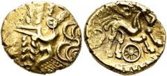 Celtic NORTHEAST GAUL. Suessiones. Late 2nd to mid 1st century BC. Stater (Gold, 20 mm, 5.99 g, 3 h), 'à l'oeil' type. Devolved laureate head of Apollo to right. Rev. Celticized horse galloping to rig