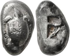 Greek ISLANDS OFF ATTICA, Aegina. Circa 525-480 BC. Stater (Silver, 22 mm, 11.99 g). Sea tortoise seen from above, head in profile. Rev. Square incuse with small skew pattern. Meadows Group IIc. HGC 6