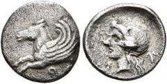 Greek CORINTHIA. Corinth. Circa 350-300 BC. Hemidrachm (Silver, 13 mm, 1.16 g, 9 h). Forepart of Pegasus flying left; below, Ϙ. Rev. Head of Aphrodite to left; to right, lily. BCD Corinth 182 ( same d