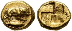 Greek MYSIA. Kyzikos. Circa 500-450 BC. Myshemihekte – 1/24 Stater (Electrum, 7 mm, 0.69 g). Lion to right, gnawing on leg of prey; below, tunny to right. Rev. Quadripartite incuse square. SNG Paris -