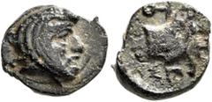 Greek IONIA. Achaemenid Period. Spithridates, satrap of Lydia and Ionia, circa 334 BC. Chalkous (Bronze, 11 mm, 1.50 g, 1 h). Head of Spithridates to right, wearing Satrapal headdress. Rev. [ΣΠ]-I For
