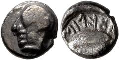 Greek LYDIA. Uncertain. Ifes, Lydian usurper (?), circa 450/425-400 BC. Hemiobol (Silver, 8 mm, 0.50 g, 6 h). Youthful male head to left. Rev. 𐤦𐤱𐤤𐤩𐤦𐤪 ('ifelim' in Lydian) Grain of wheat. CNG E-A