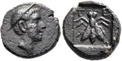 Greek LYCIA. Telmessos. 2nd-1st century BC. Chalkous (Bronze, 12 mm, 1.67 g, 11 h). Head of Hermes to right, wearing petasos. Rev. T-E Bee; all within incuse square. BMC 2. SNG Copenhagen 135. Patina 