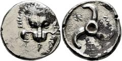 Greek DYNASTS OF LYCIA. Trbbenimi, circa 390-370 BC. Stater (Silver, 25 mm, 9.72 g), Limyra. 𐊗𐊕𐊂 Facing lion's scalp. Rev. 𐊈-𐊘-𐊎 Triskeles. Müseler -. Podalia 350-1. SNG Copenhagen Suppl. -. SNG