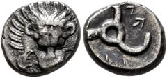 Greek DYNASTS OF LYCIA. Perikles, circa 380-360 BC. 1/3 Stater (Silver, 14 mm, 2.35 g). Facing lion's scalp. Rev. 𐊓𐊁𐊕-𐊆𐊋-𐊍𐊁 ('Perikle' in Lycian) Triskeles within circular incuse. BMC 155-7. Mü
