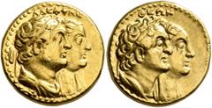 Greek PTOLEMAIC KINGS OF EGYPT. Ptolemy II Philadelphos, with Arsinöe II, Ptolemy I, and Berenike I, 285-246 BC. Half Mnaieion or Tetradrachm (Gold, 20 mm, 13.86 g, 12 h), Alexandria, circa 272-261/0.