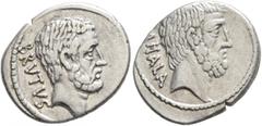 Roman Republican & Imperatorial M. Junius Brutus, 54 BC. Denarius (Silver, 19 mm, 3.73 g, 9 h), Rome. BRVTVS Bearded head of L. Junius Brutus to right. Rev. AHALA Bearded head of C. Servilius Ahala to