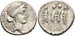 Roman Republican & Imperatorial M. Junius Brutus, 54 BC. Denarius (Silver, 19 mm, 4.34 g, 1 h), Rome. LIBERTAS Head of Libertas to right, wearing pendant earring and necklace. Rev. BRVTVS The consul L