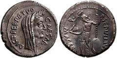 Roman Republican & Imperatorial Julius Caesar, 49-44 BC. Denarius (Silver, 17 mm, 3.80 g, 4 h), with P. Sepullius Macer, Rome, first half of March 44. CAESAR DICT PERPETVO Laureate and veiled head of 