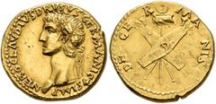 Roman Imperial Nero Claudius Drusus, died 9 BC. Aureus (Gold, 19 mm, 7.74 g, 5 h), Lugdunum, struck under Claudius, circa 41-42. NERO CLAVDIVS DRVSVS GERMANICVS IMP Laureate head of Nero Claudius Drus