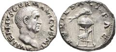 Roman Imperial Vitellius, 69. Denarius (Silver, 19 mm, 3.07 g, 6 h), Rome, late April-December 69. A VITELLIVS GERMANICVS IMP Bare head of Vitellius to right. Rev. XV VIR SACR FAC Tripod with covered 
