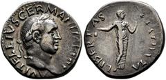 Roman Imperial Vitellius, 69. Denarius (Silver, 19 mm, 3.20 g, 6 h), Rome, late April-20 December 69. A VITELLIVS GERMAN IMP TR P Laureate head of Vitellius to right. Rev. LIBERTAS RESTITVTA Libertas 