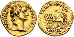 Roman Imperial Domitian, 81-96. Aureus (Gold, 20 mm, 7.71 g, 6 h), Rome, 92-94. DOMITIANVS AVGVSTVS Bare head of Domitian to right. Rev. GERMANICVS COS XVI Domitian standing left in slow triumphal qua