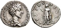 Roman Imperial Commodus, as Caesar, 166-177. Denarius (Silver, 18 mm, 3.32 g, 5 h), Rome, 175-176. COMMODO CAES AVG FIL GERM SARM Bare-headed and draped bust of Commodus to right, seen from behind. Re