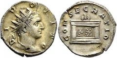 Roman Imperial Trajan Decius, 249-251. Antoninianus (Silver, 20 mm, 3.09 g, 1 h), commemorative issue for Divus Titus (died 81), Rome, 251. DIVO TITO Radiate head of Divus Titus to right. Rev. CONSECR