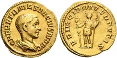 Roman Imperial Herennius Etruscus, as Caesar, 249-251. Aureus (Gold, 19 mm, 3.44 g, 6 h), Rome. Q HER ETR MES DECIVS NOB C Bare-headed and draped bust of Herennius Etruscus to right, seen from behind.