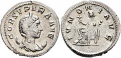 Roman Imperial Cornelia Supera, Augusta, 253. Antoninianus (Silver, 21 mm, 3.13 g, 12 h), Rome. COR SVPERA AVG Diademed and draped bust of Cornelia Supera set to right on crescent. Rev. IVNONI AVG Jun